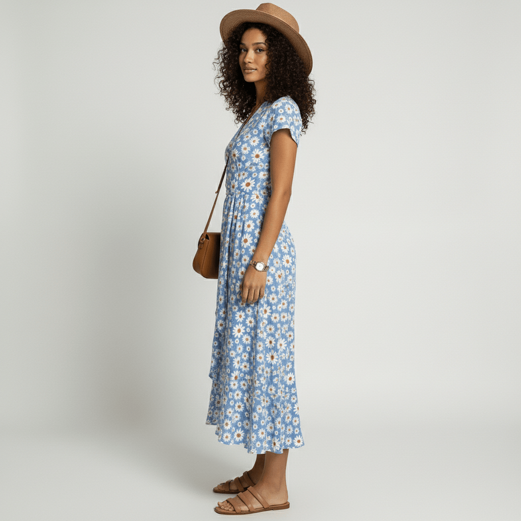 Patsy Floral Wrap Midi Dress with V-Neck and Short Sleeves