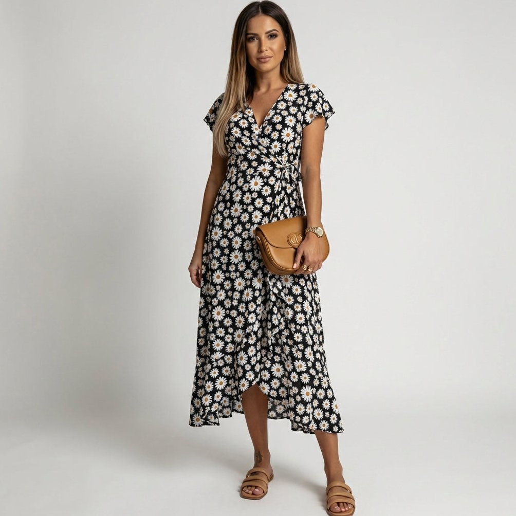 Patsy Floral Wrap Midi Dress with V-Neck and Short Sleeves - Classic Black