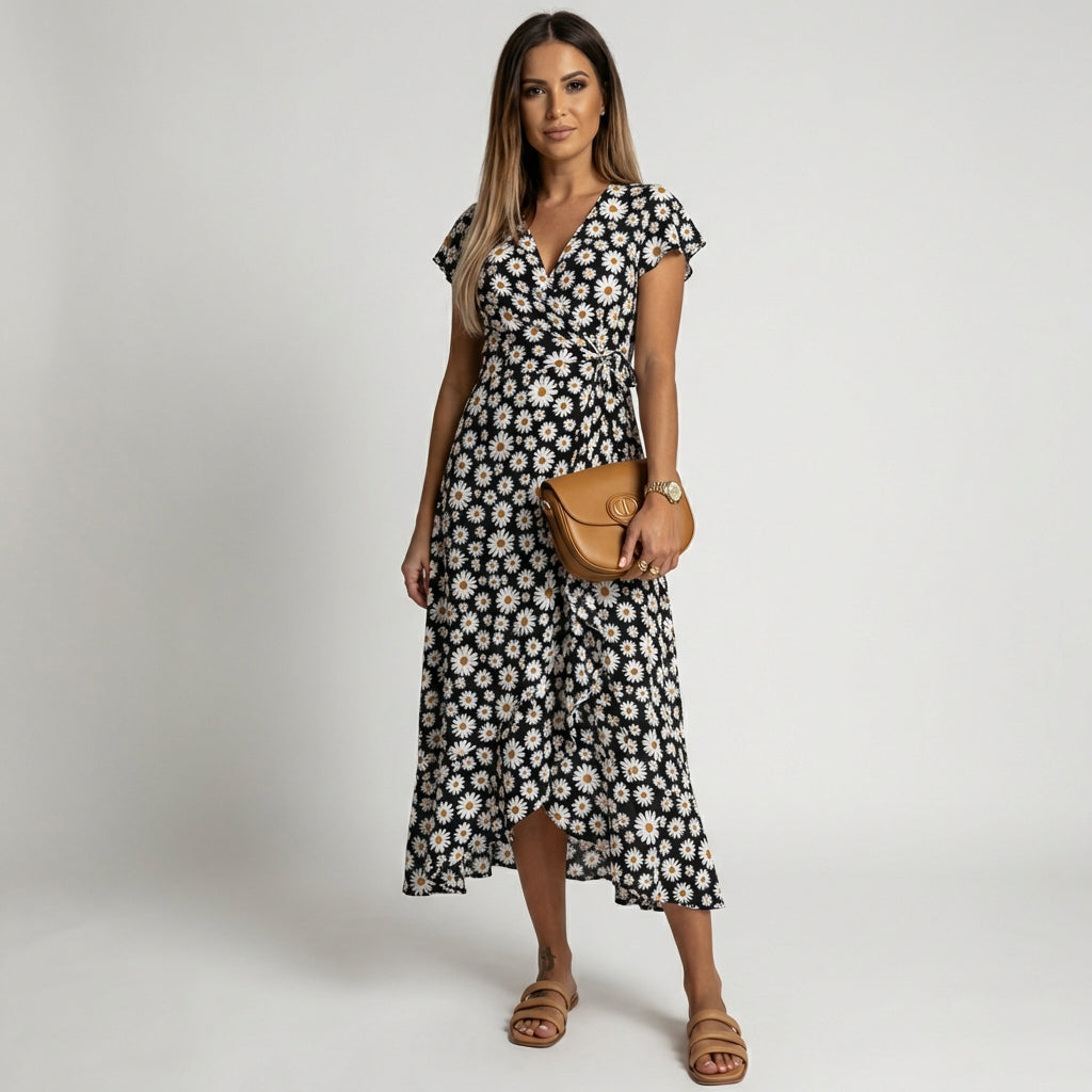 Patsy Floral Wrap Midi Dress with V-Neck and Short Sleeves - Classic Black