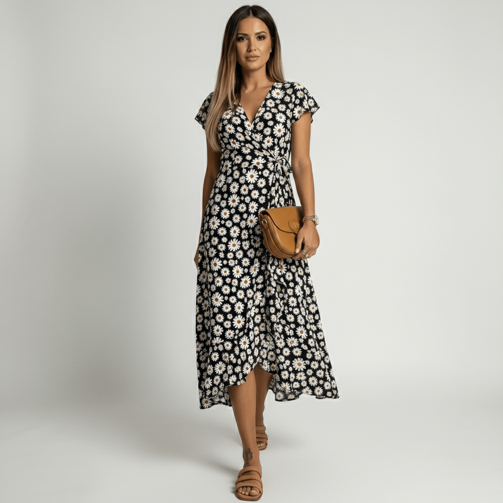 Patsy Floral Wrap Midi Dress with V-Neck and Short Sleeves