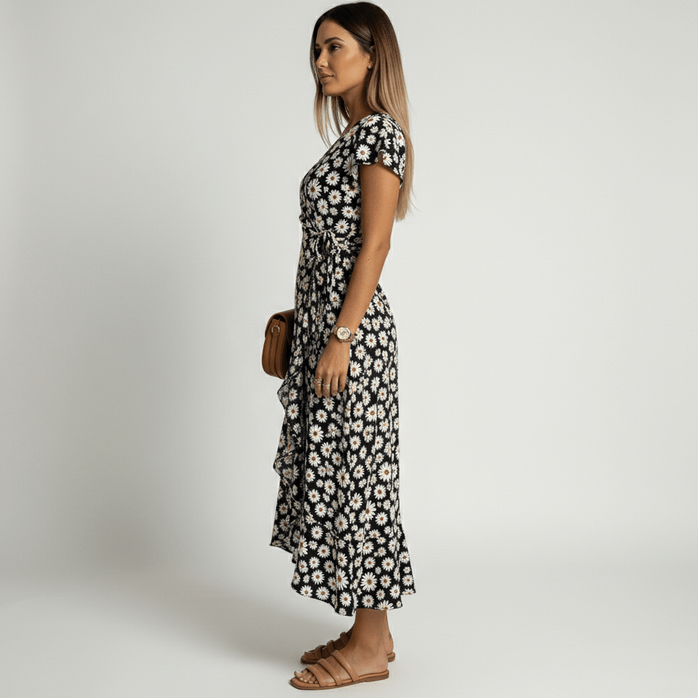 Patsy Floral Wrap Midi Dress with V-Neck and Short Sleeves
