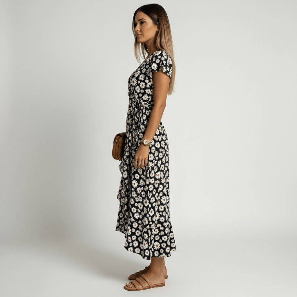 Patsy Floral Wrap Midi Dress with V-Neck and Short Sleeves