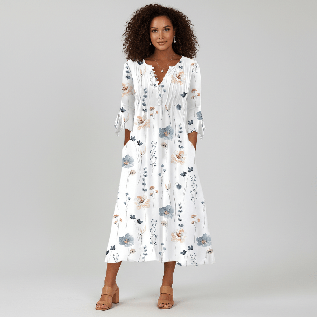 Portia Floral Print Midi Dress with V-Neck Button Front - Pastel Multicolor