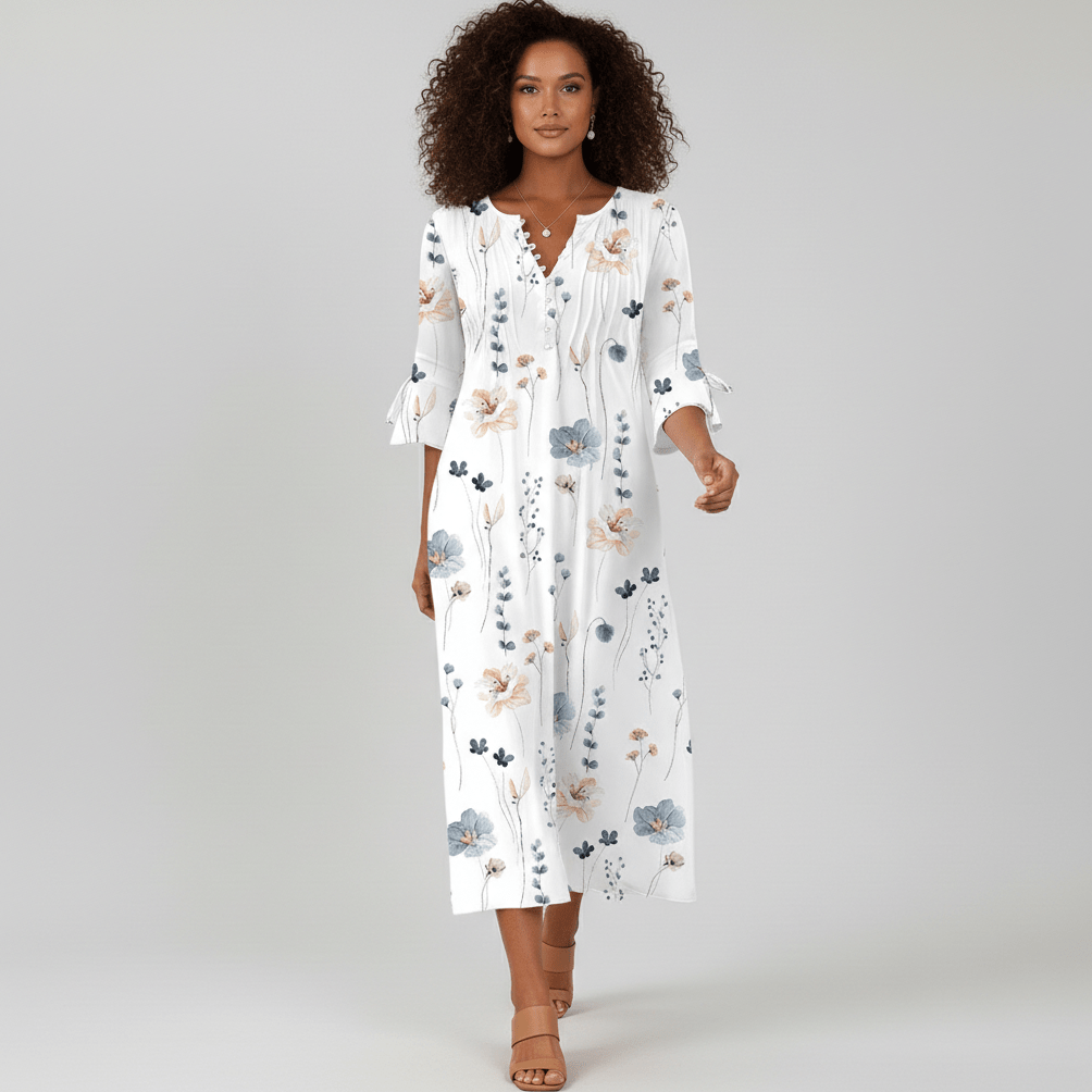 Portia Floral Print Midi Dress with V-Neck Button Front