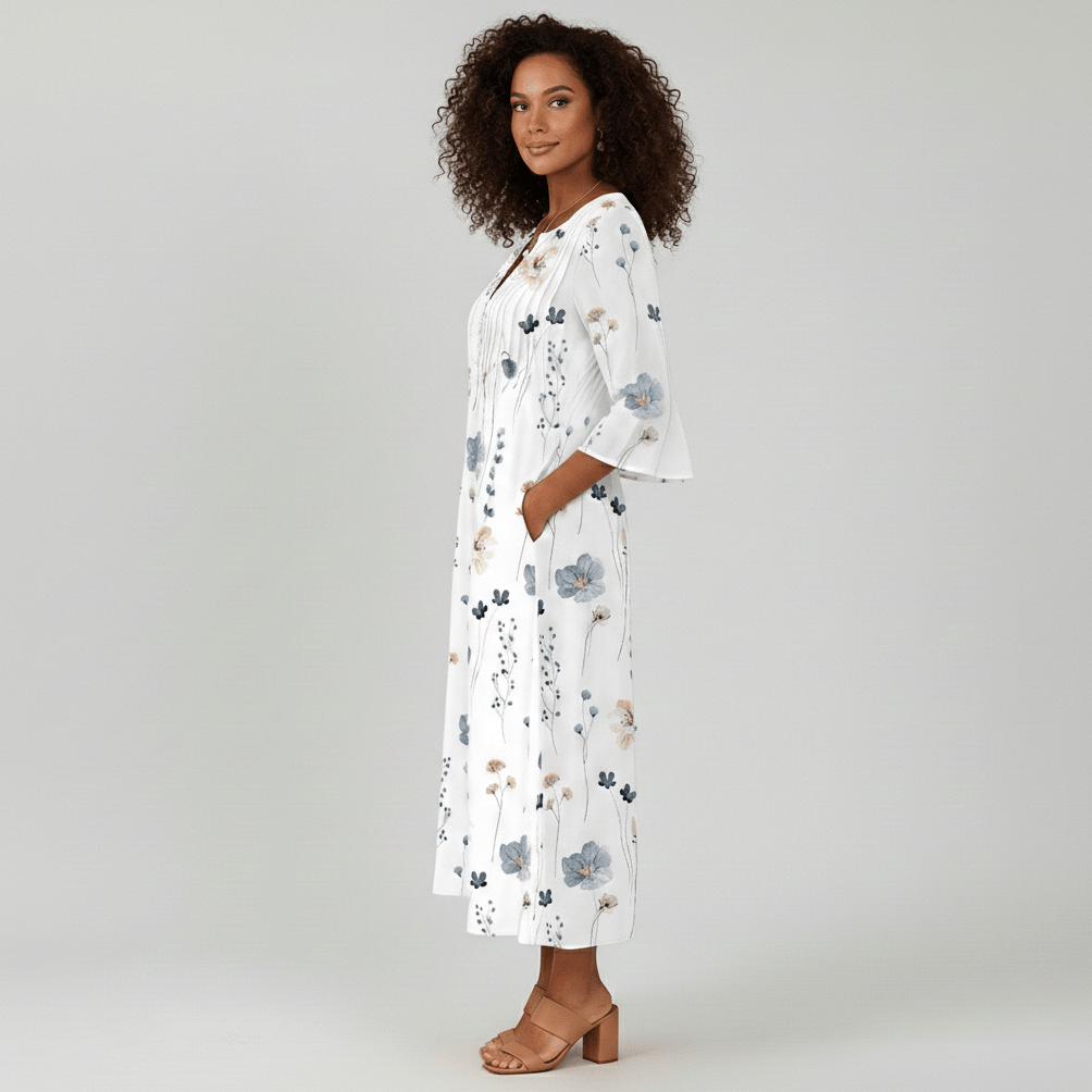 Portia Floral Print Midi Dress with V-Neck Button Front