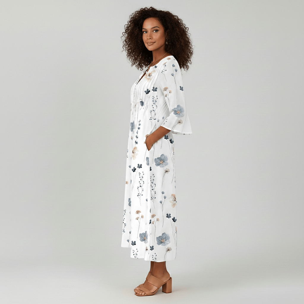 Portia Floral Print Midi Dress with V-Neck Button Front