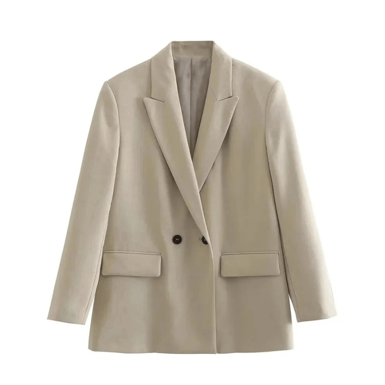 Presley Oversized Double-Breasted Blazer with Notch Lapels - Beige