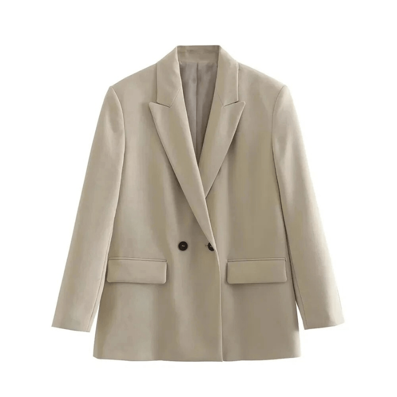 Presley Oversized Double-Breasted Blazer with Notch Lapels - Beige