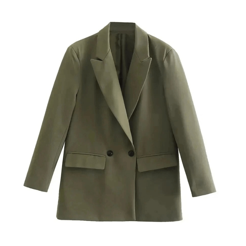 Presley Oversized Double-Breasted Blazer with Notch Lapels - Olive Green