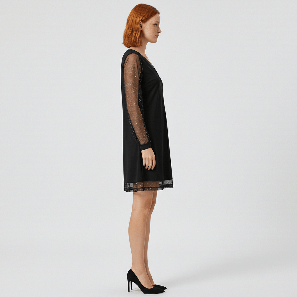 Riya V-Neck Cocktail Dress with Sheer Glitter Sleeves
