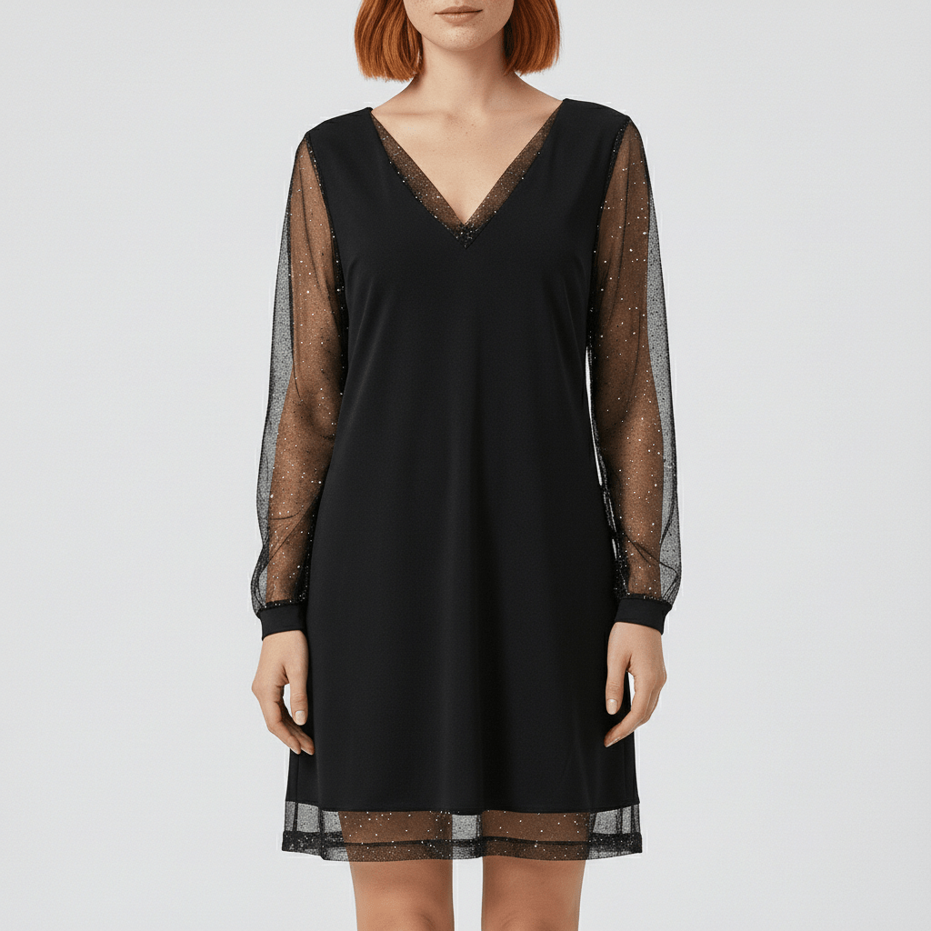 Riya V-Neck Cocktail Dress with Sheer Glitter Sleeves