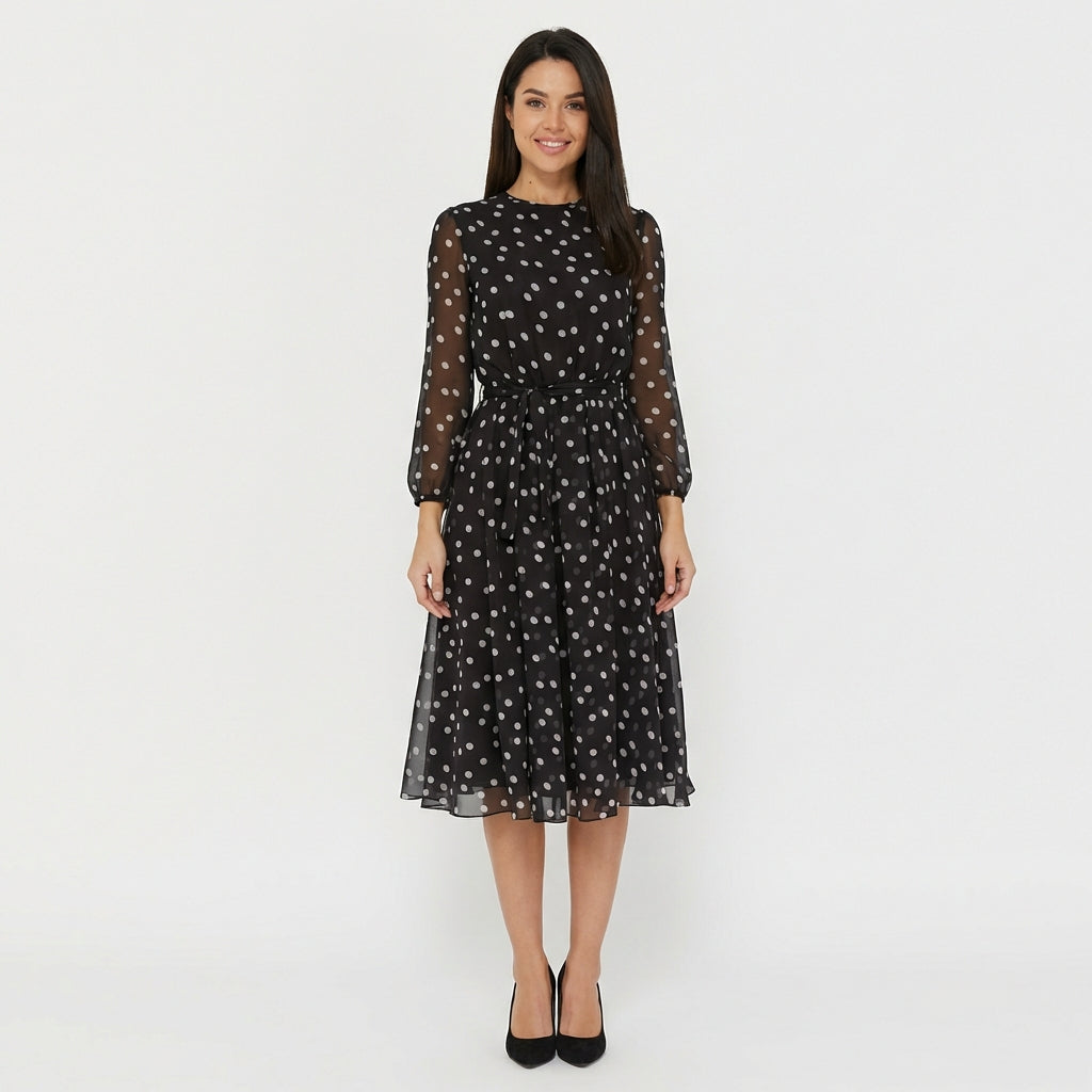 Robyn Polka Dot Mesh Midi Dress with Sheer Sleeves - Midnight Black