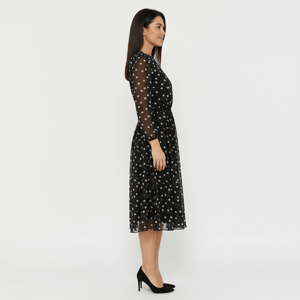 Robyn Polka Dot Mesh Midi Dress with Sheer Sleeves