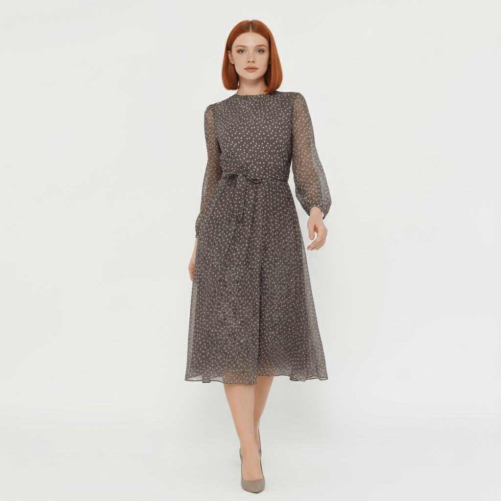 Robyn Polka Dot Mesh Midi Dress with Sheer Sleeves - Storm Gray