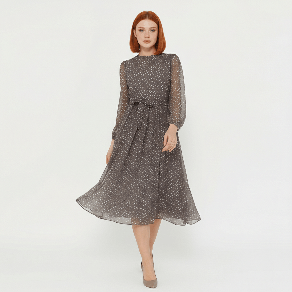 Robyn Polka Dot Mesh Midi Dress with Sheer Sleeves
