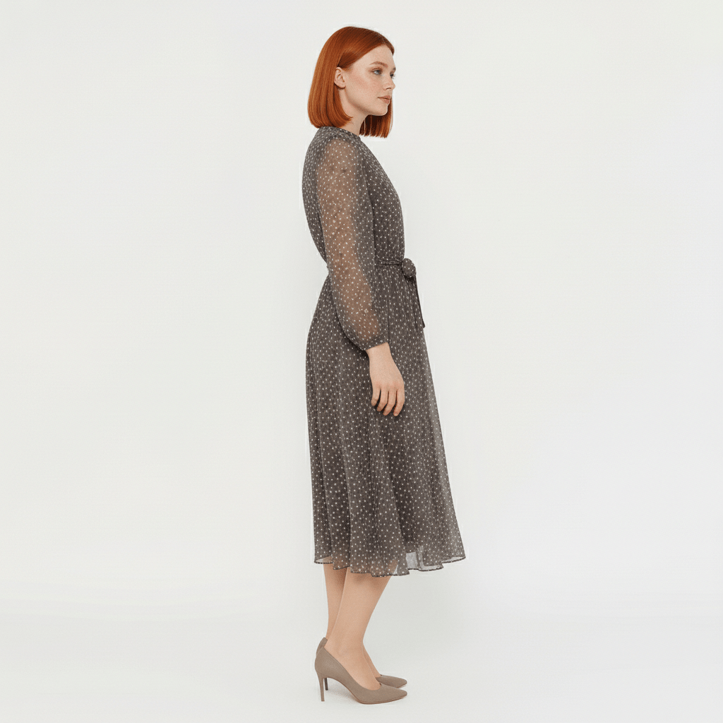 Robyn Polka Dot Mesh Midi Dress with Sheer Sleeves