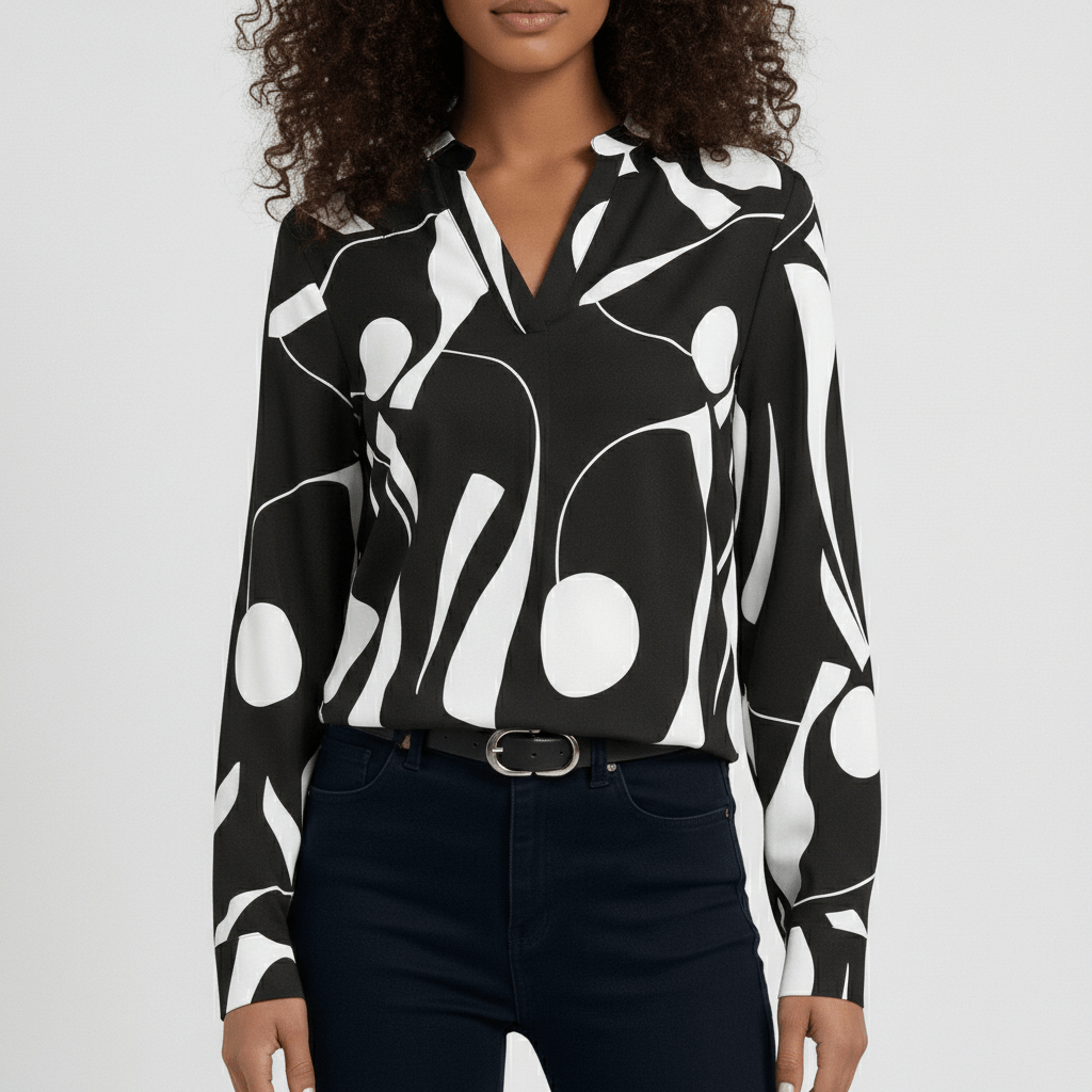 Rosetta Abstract Print Long Sleeve Blouse with V-Neckline - Jet Black