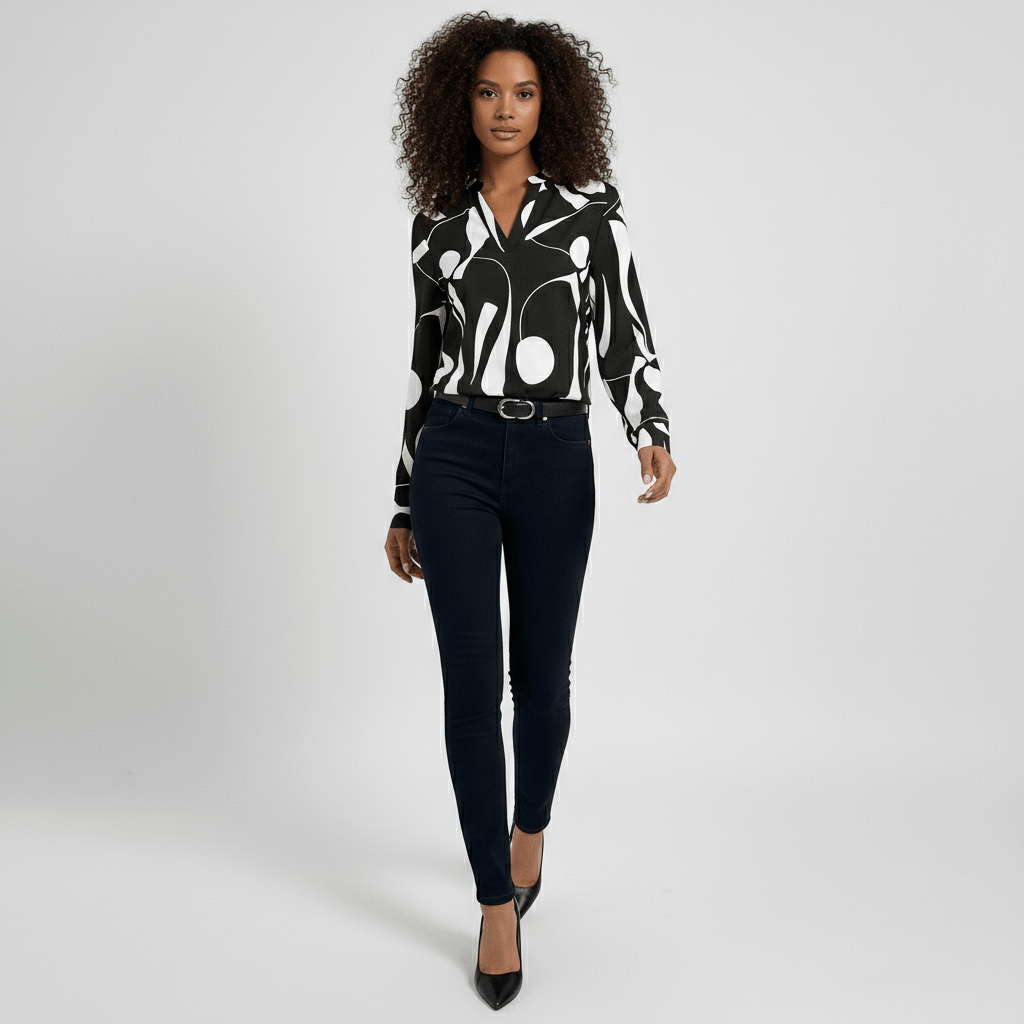 Rosetta Abstract Print Long Sleeve Blouse with V-Neckline