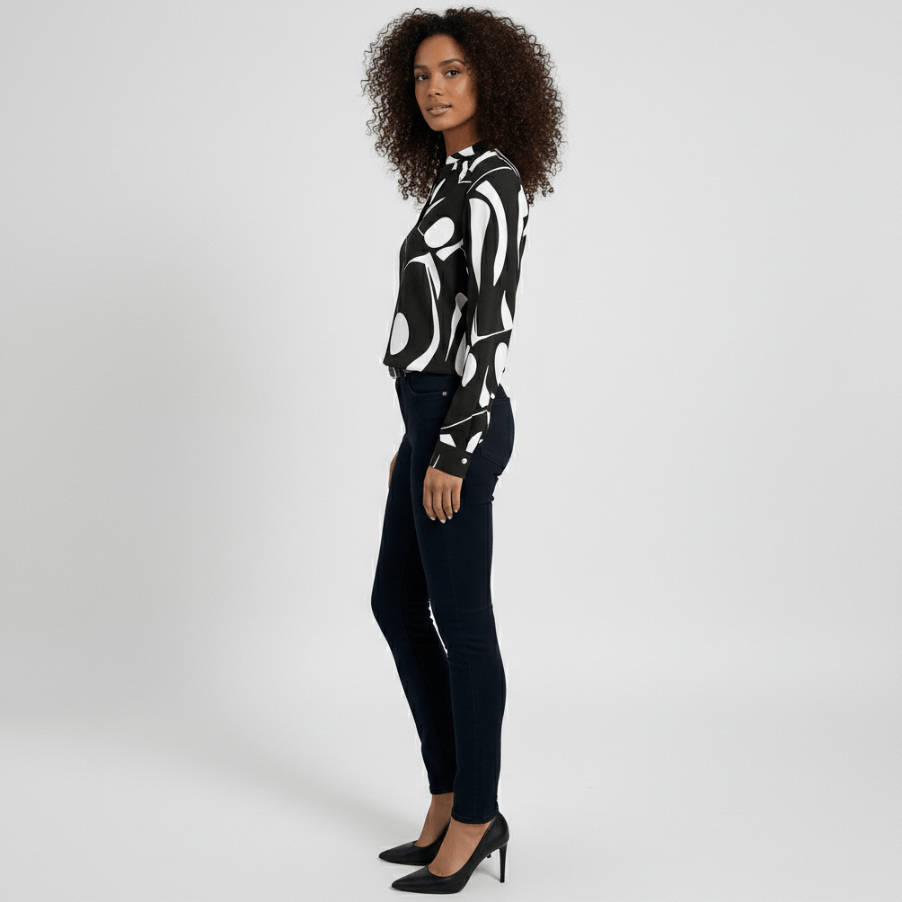 Rosetta Abstract Print Long Sleeve Blouse with V-Neckline