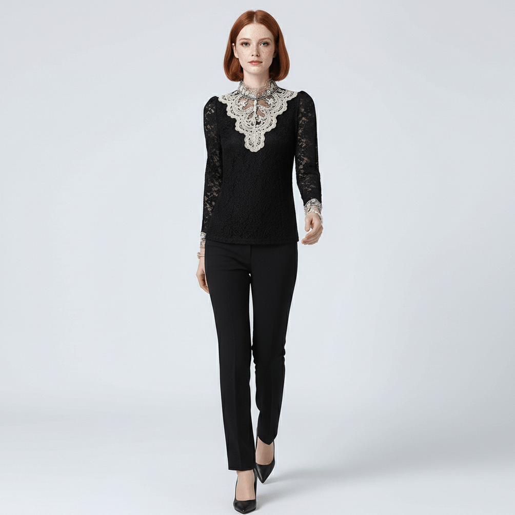 Rosie Embroidered Lace Blouse with High Neck and Sheer Sleeves