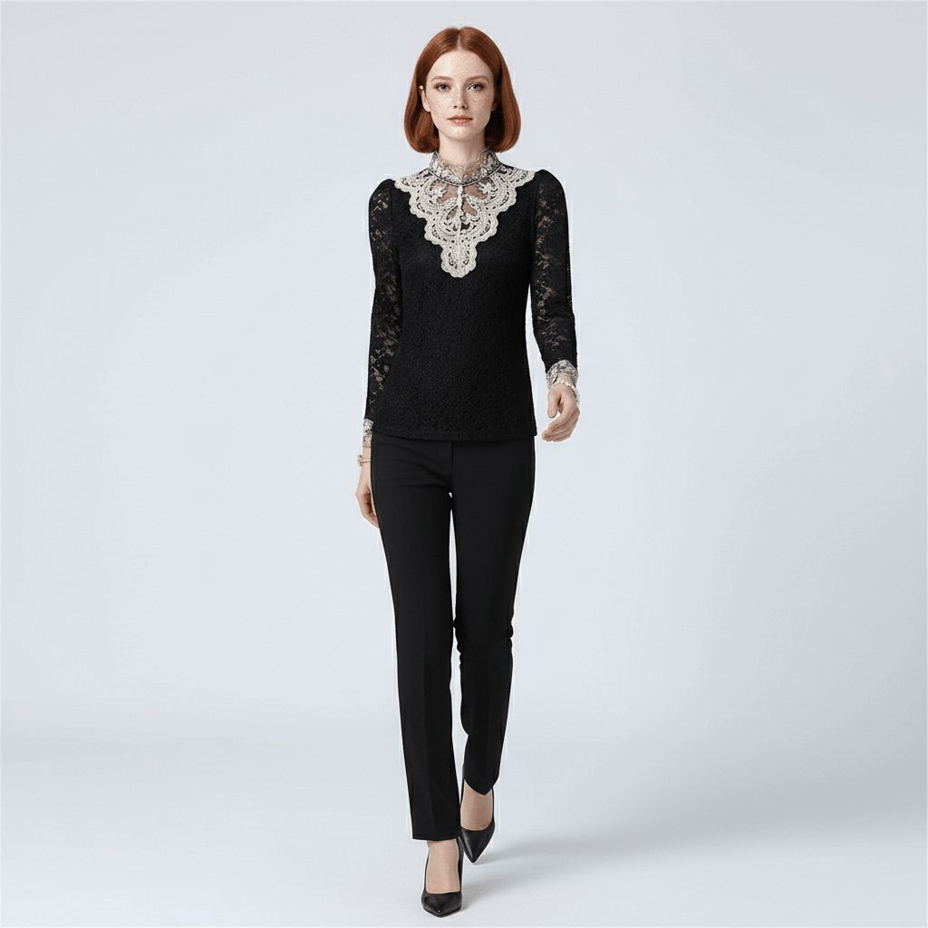 Rosie Embroidered Lace Blouse with High Neck and Sheer Sleeves