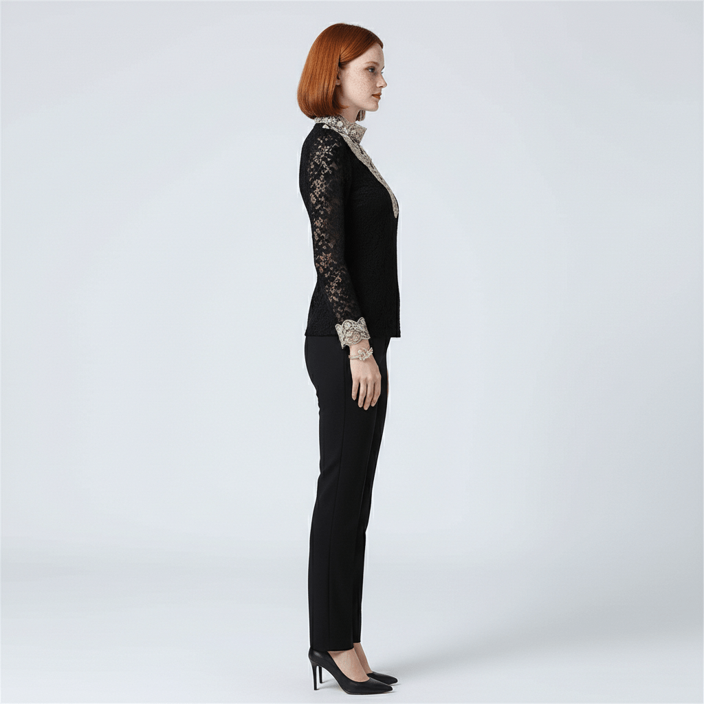 Rosie Embroidered Lace Blouse with High Neck and Sheer Sleeves