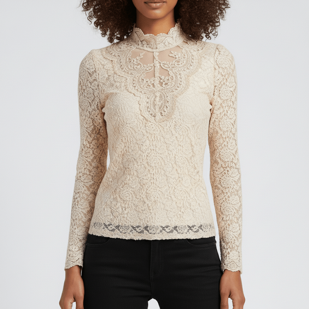 Rosie Embroidered Lace Blouse with High Neck and Sheer Sleeves - Pale Beige
