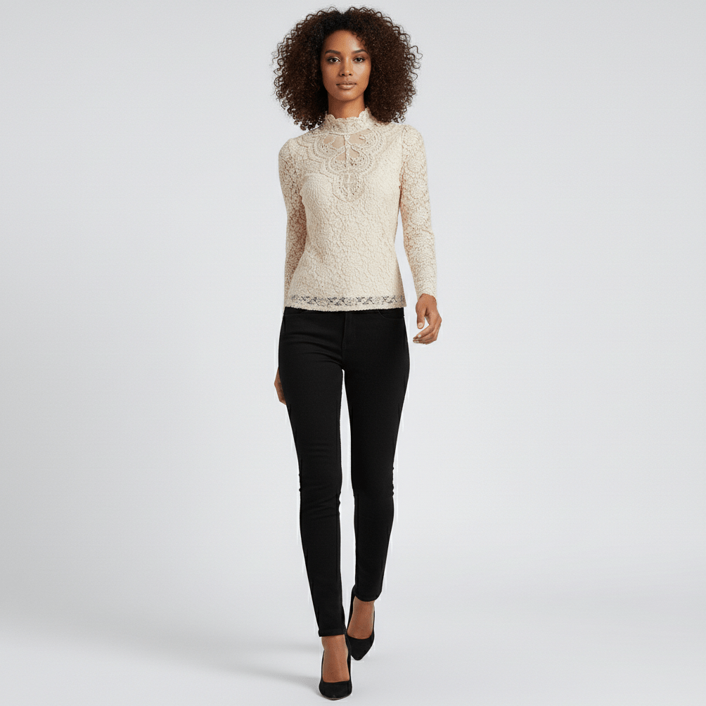 Rosie Embroidered Lace Blouse with High Neck and Sheer Sleeves