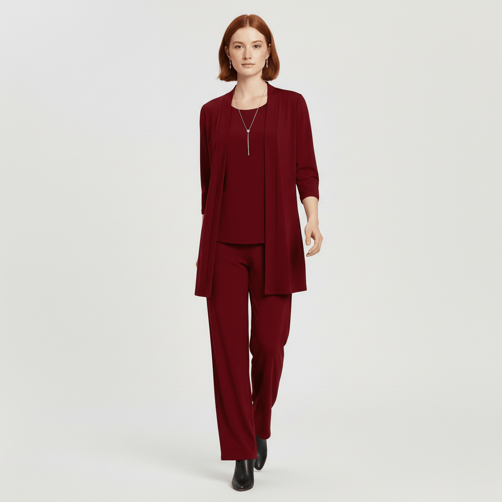 Ruth Two Piece Set Open Front Cardigan and Wide-Leg - Wine Red