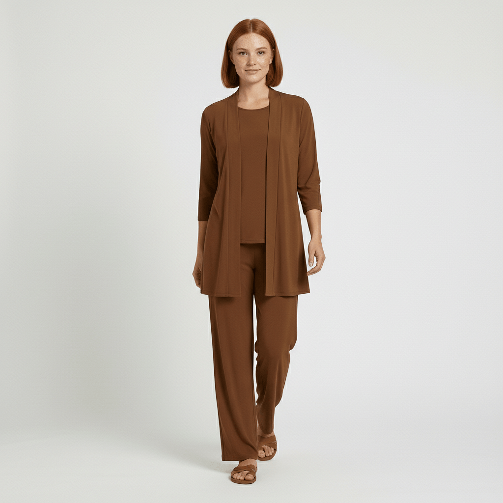 Ruth Two Piece Set Open Front Cardigan and Wide-Leg - Caramel Brown