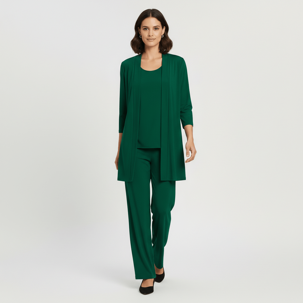 Ruth Two Piece Set Open Front Cardigan and Wide-Leg - Forest Green