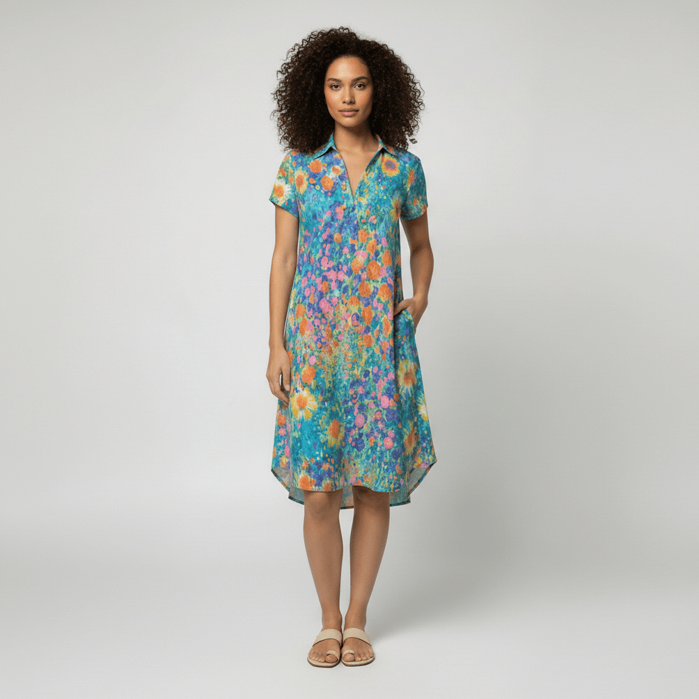 Sandra Short Sleeve Shirt Collar Midi Dress with Printed Pattern - Vibrant Multicolor