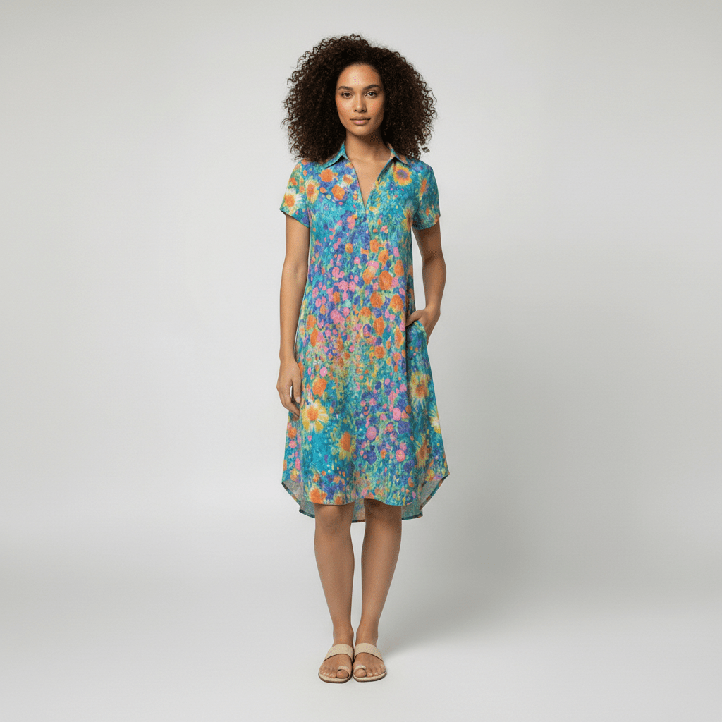 Sandra Short Sleeve Shirt Collar Midi Dress with Printed Pattern - Vibrant Multicolor