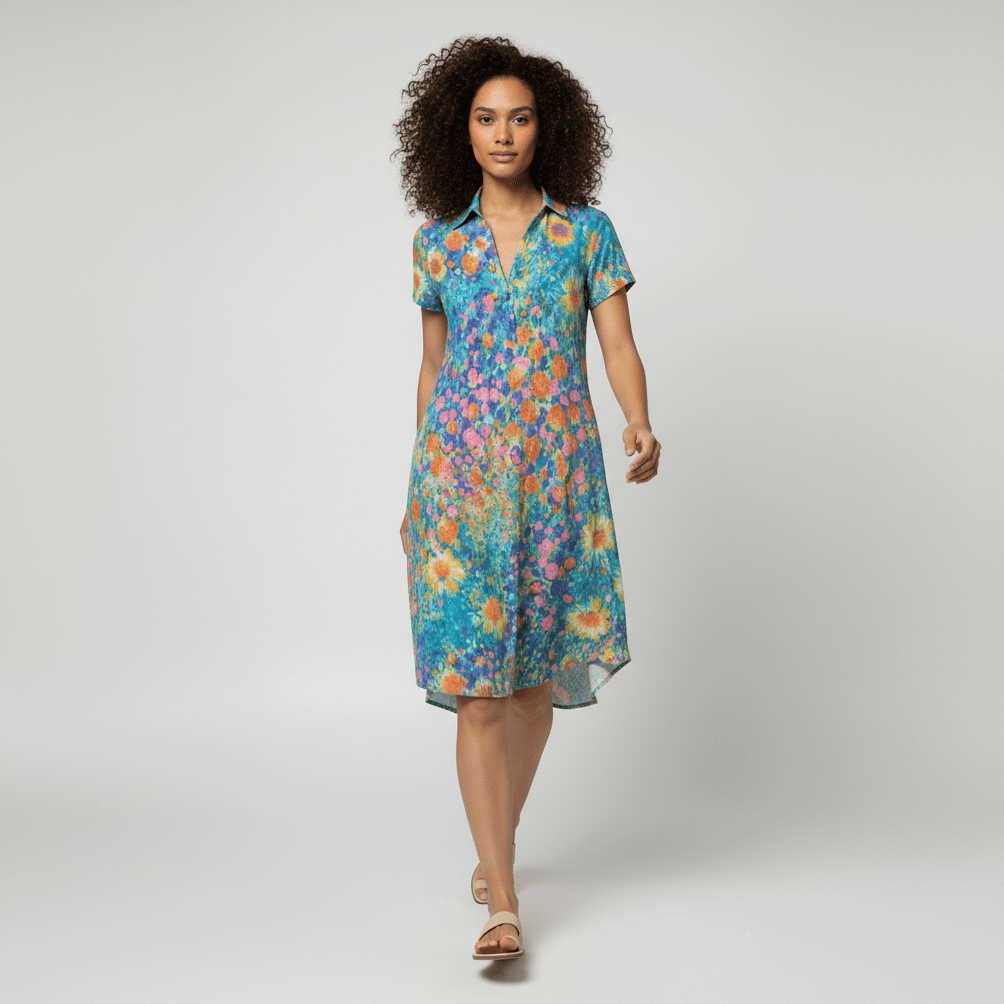 Sandra Short Sleeve Shirt Collar Midi Dress with Printed Pattern