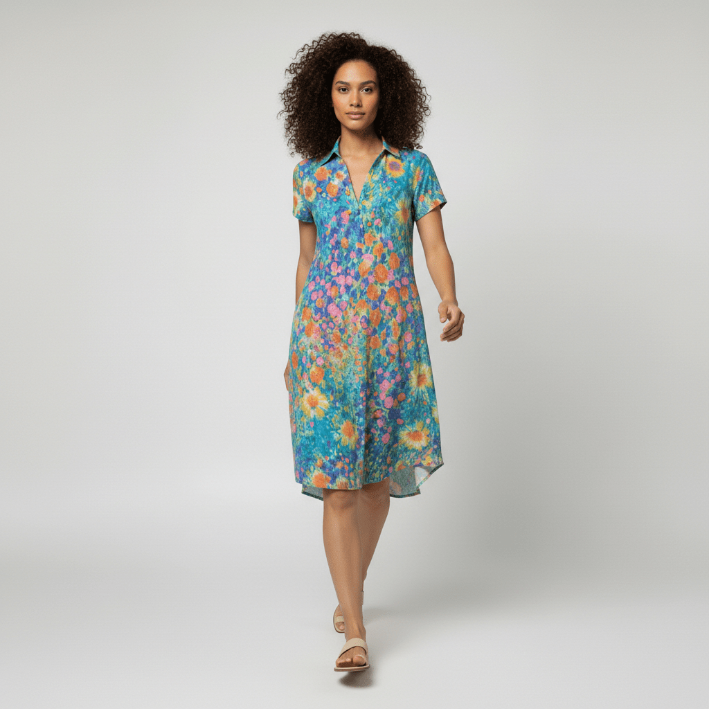Sandra Short Sleeve Shirt Collar Midi Dress with Printed Pattern