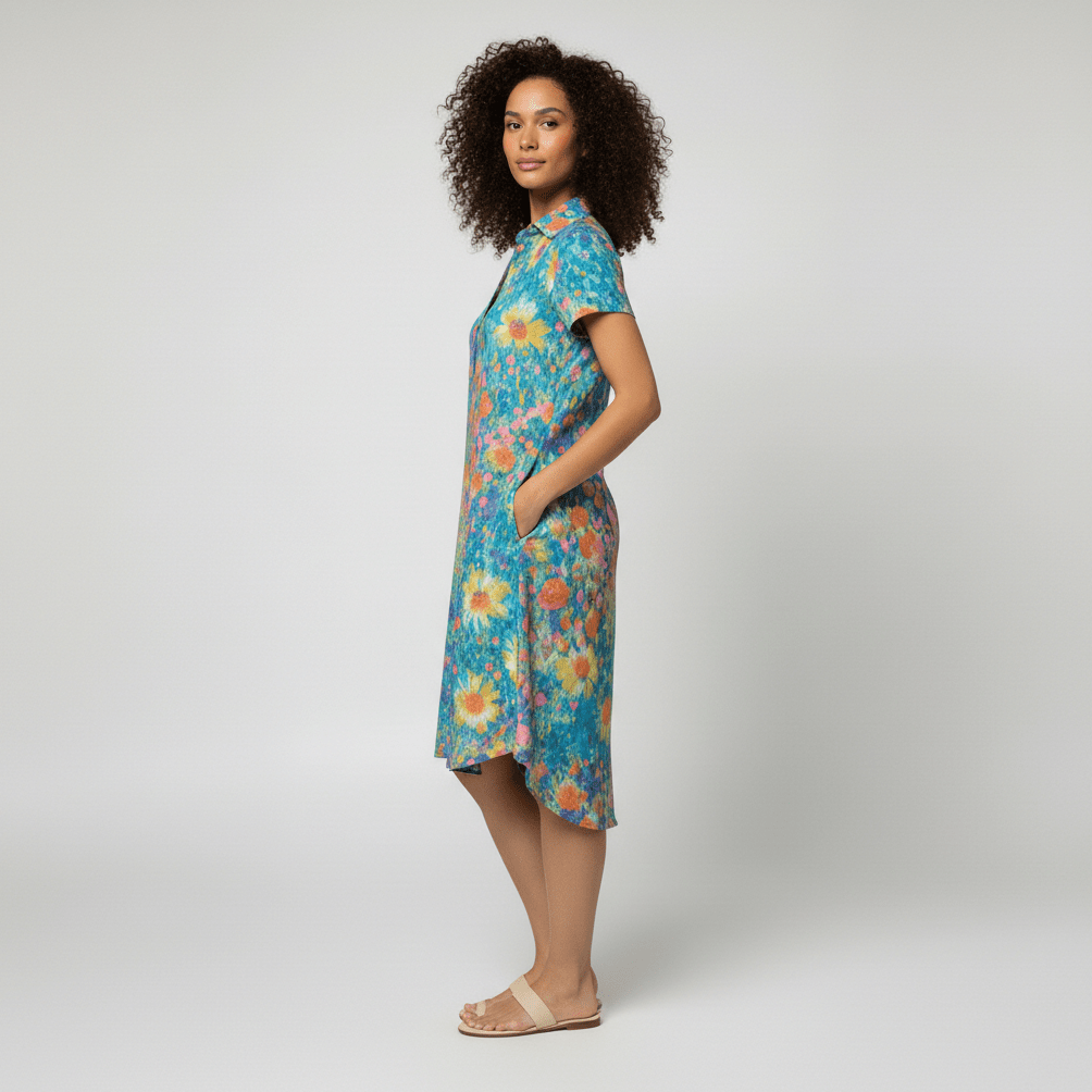 Sandra Short Sleeve Shirt Collar Midi Dress with Printed Pattern