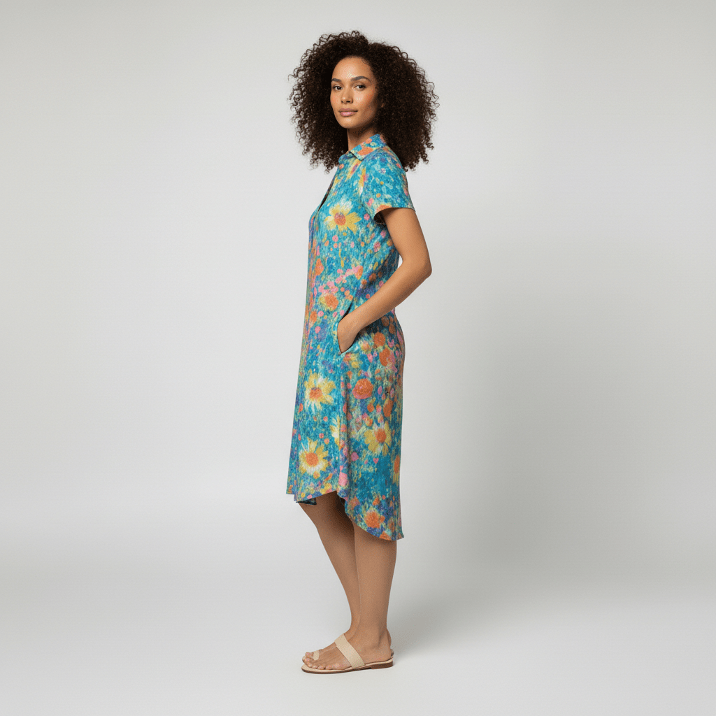Sandra Short Sleeve Shirt Collar Midi Dress with Printed Pattern