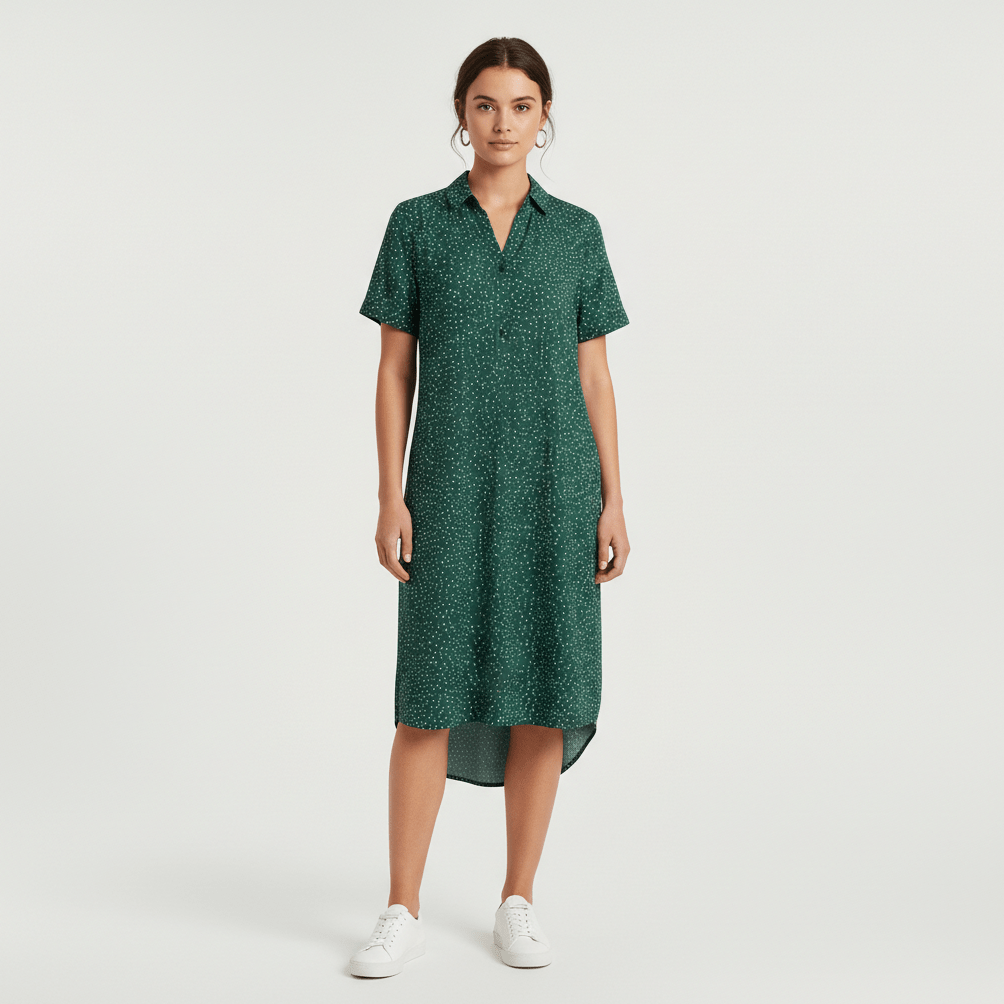 Sandra Short Sleeve Shirt Collar Midi Dress with Printed Pattern - Deep Green