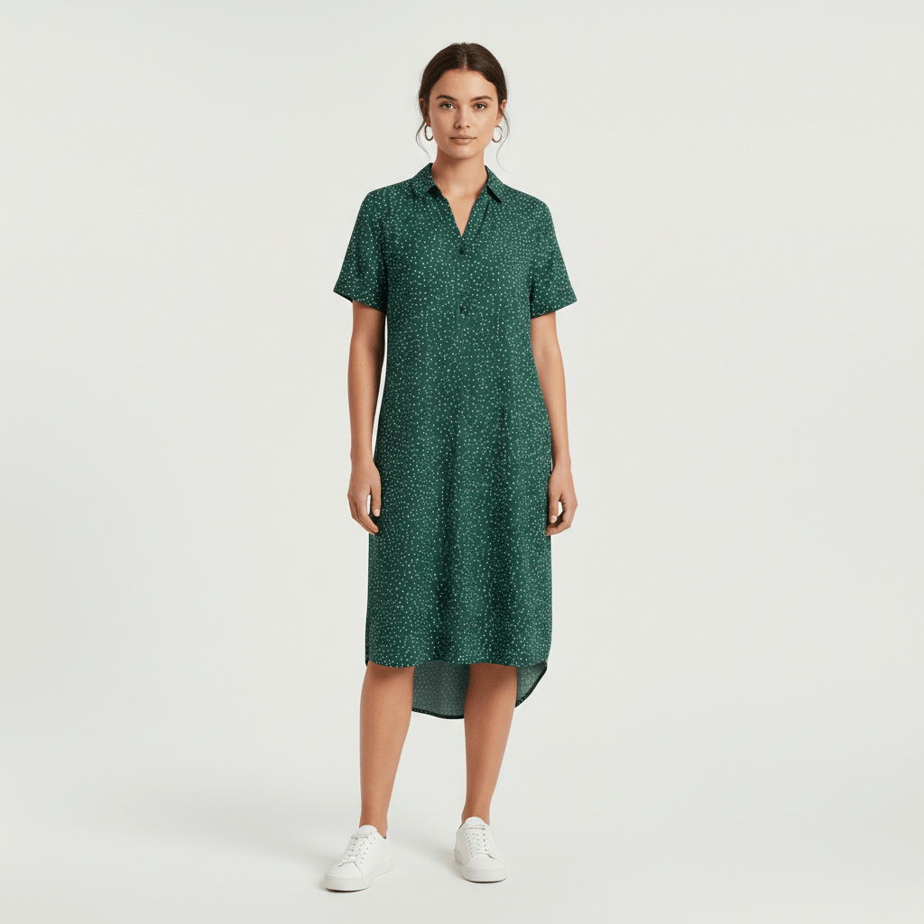 Sandra Short Sleeve Shirt Collar Midi Dress with Printed Pattern - Deep Green