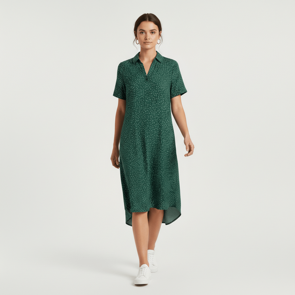 Sandra Short Sleeve Shirt Collar Midi Dress with Printed Pattern