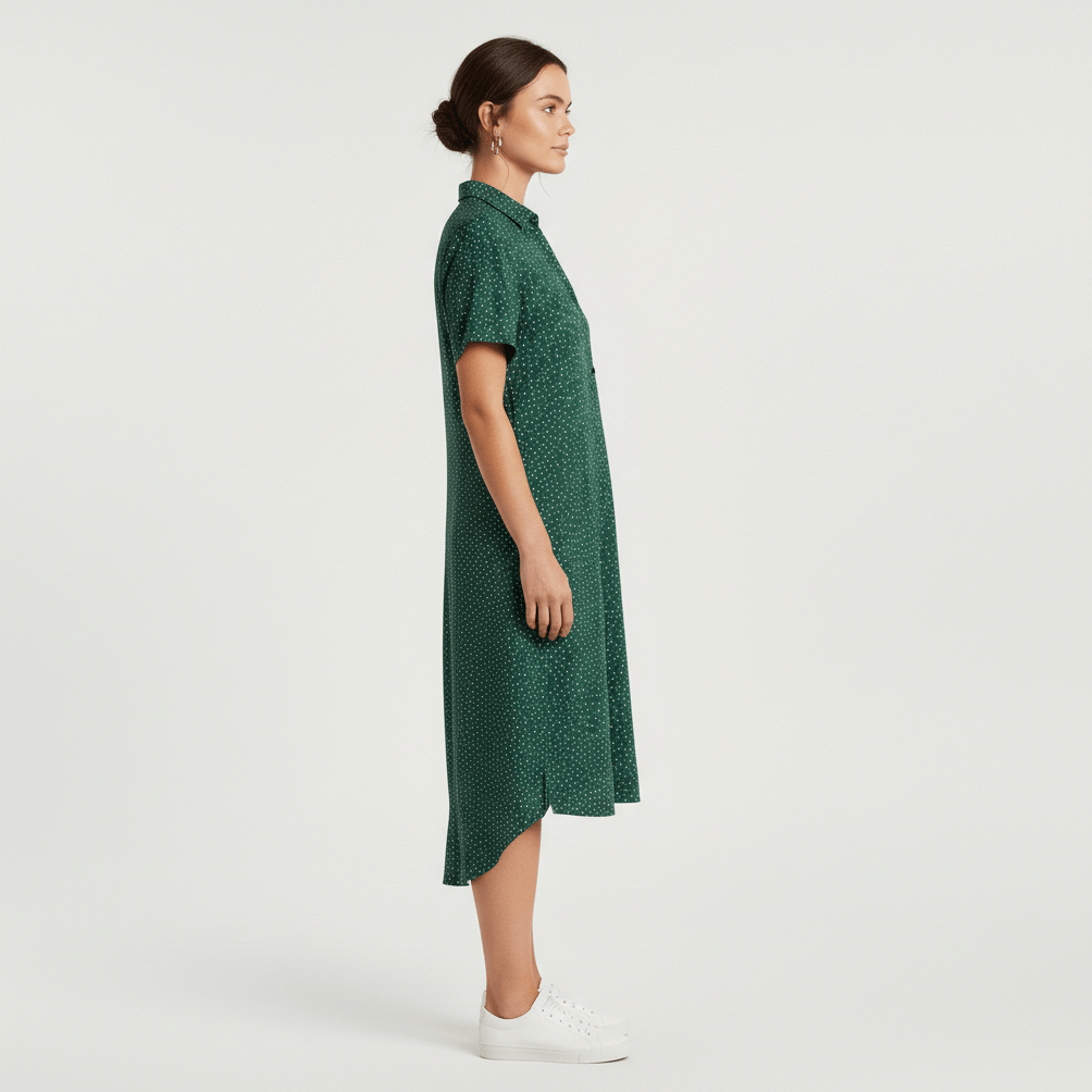Sandra Short Sleeve Shirt Collar Midi Dress with Printed Pattern