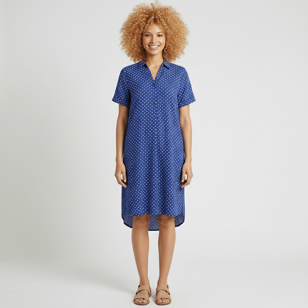 Sandra Short Sleeve Shirt Collar Midi Dress with Printed Pattern - Royal Blue