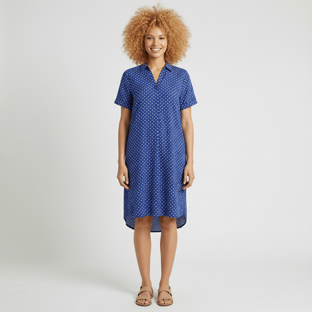 Sandra Short Sleeve Shirt Collar Midi Dress with Printed Pattern - Royal Blue