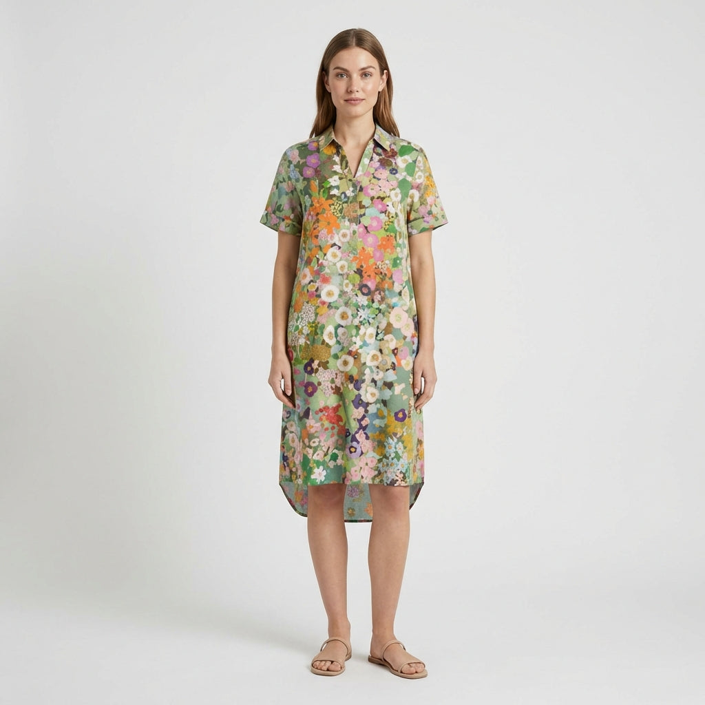 Sandra Short Sleeve Shirt Collar Midi Dress with Printed Pattern - Garden Multicolor
