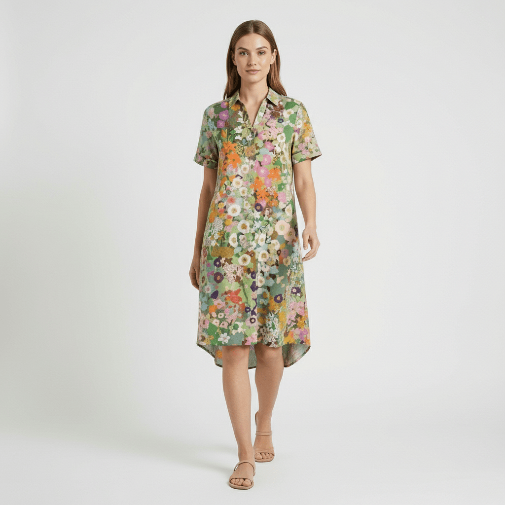 Sandra Short Sleeve Shirt Collar Midi Dress with Printed Pattern