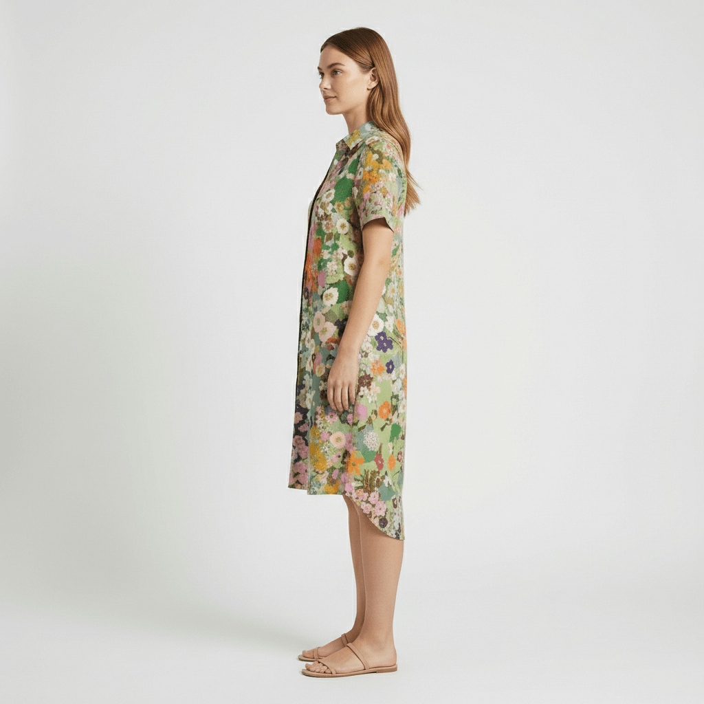 Sandra Short Sleeve Shirt Collar Midi Dress with Printed Pattern