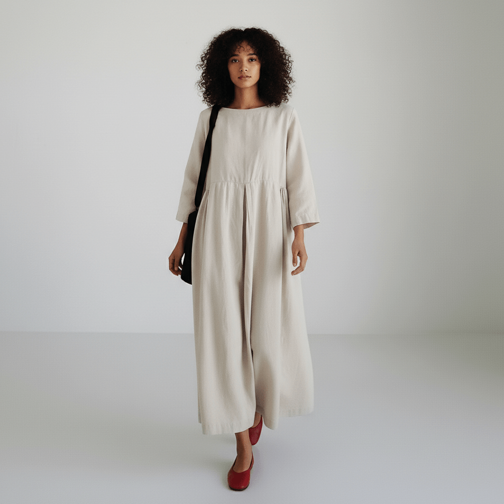 Shirley Round Neck Oversized Maxi Dress for Women with Side Pockets - Natural Beige