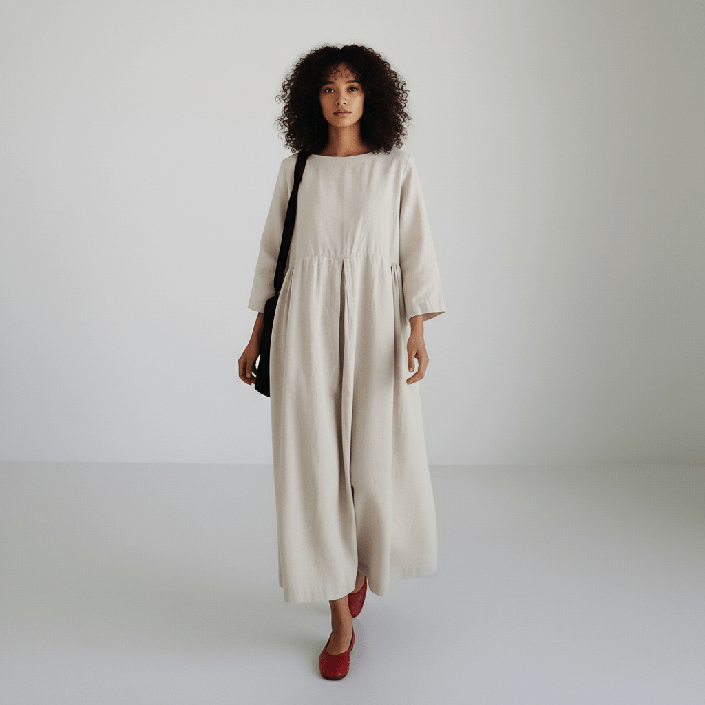 Shirley Round Neck Oversized Maxi Dress for Women with Side Pockets - Natural Beige