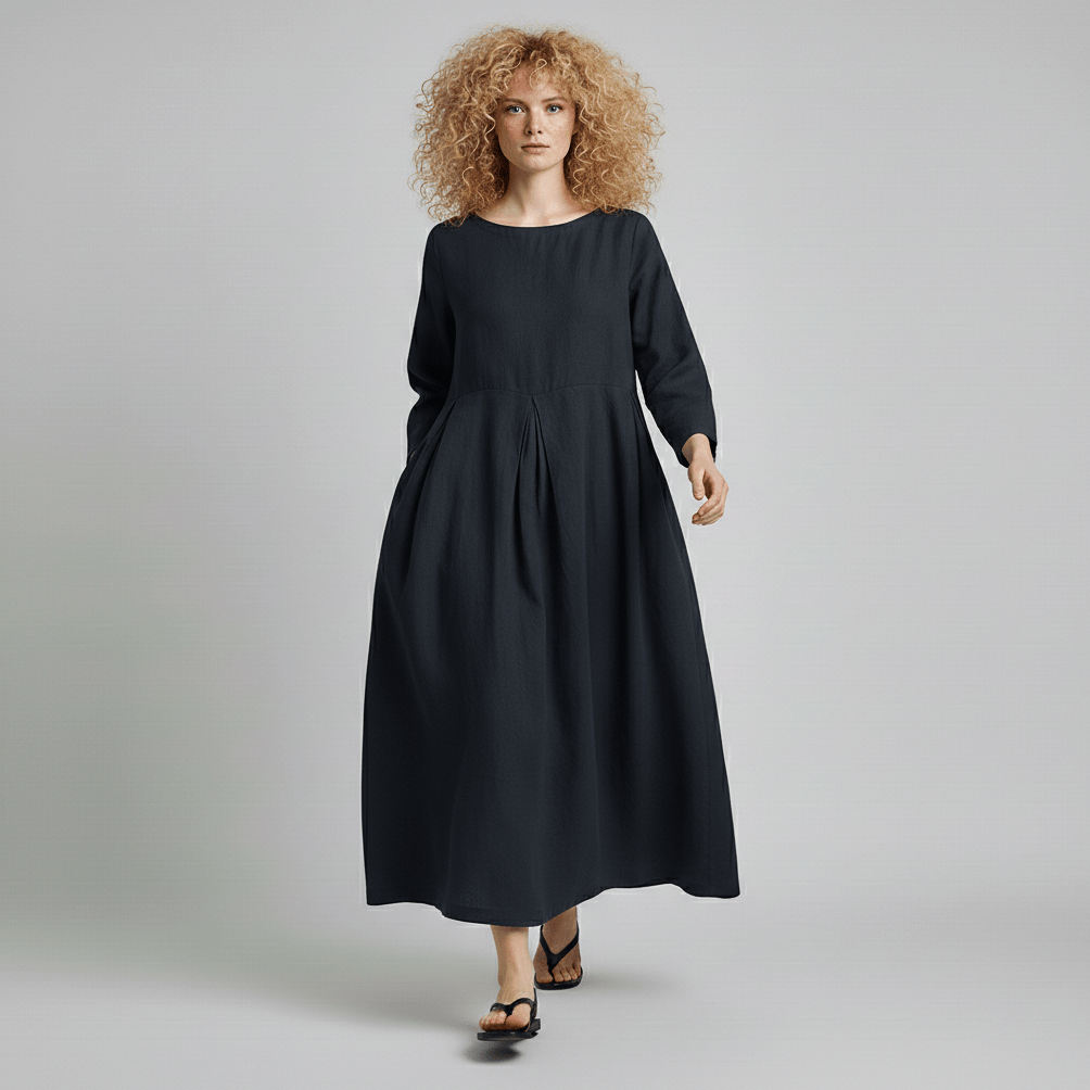Shirley Round Neck Oversized Maxi Dress for Women with Side Pockets - Deep Navy