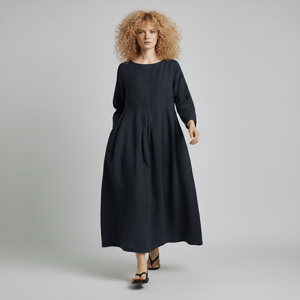 Shirley Round Neck Oversized Maxi Dress for Women with Side Pockets - Deep Navy